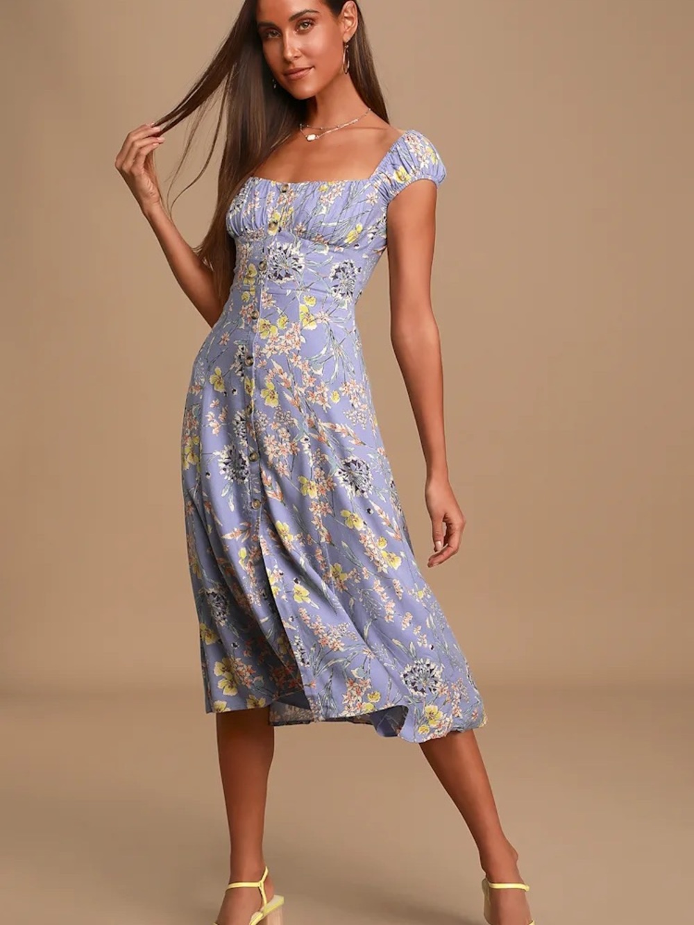 Astr the Label Purple Floral Square-Neck Faux Button Down Midi Dress Medium